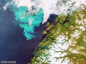 Plankton bloom off the coast of Norway as seen from the ESA satellite Envisat on 10 June 2006.