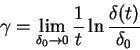 \begin{displaymath}
\gamma = \lim_{\delta_0 \to 0} {1 \over t} \ln {\delta(t) \over \delta_0}
\end{displaymath}